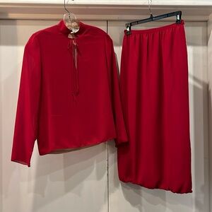 2 pc blouse and skirt, red and tan.  Benny Ong.